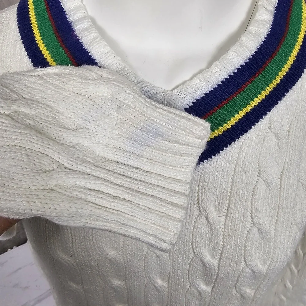 Vintage 90s Polo‎ Ralph Lauren Mens 2XL Vneck White Chunky Knit Cricket Sweater